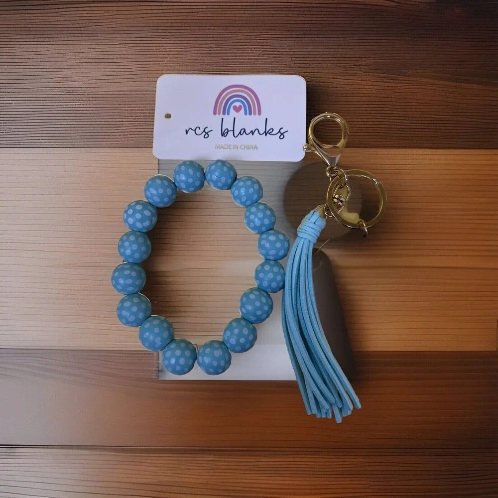 RCS Blanks Key Holder with Blue Tassel and Wooden Round Charm w/ Wooden Bracelet